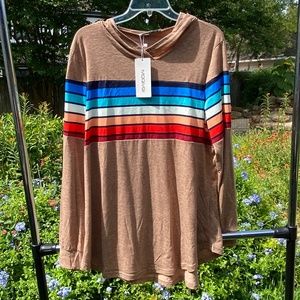 Moqivgi unisex 2XL lightweight rainbow stripe tan pullover hoodie - NWT